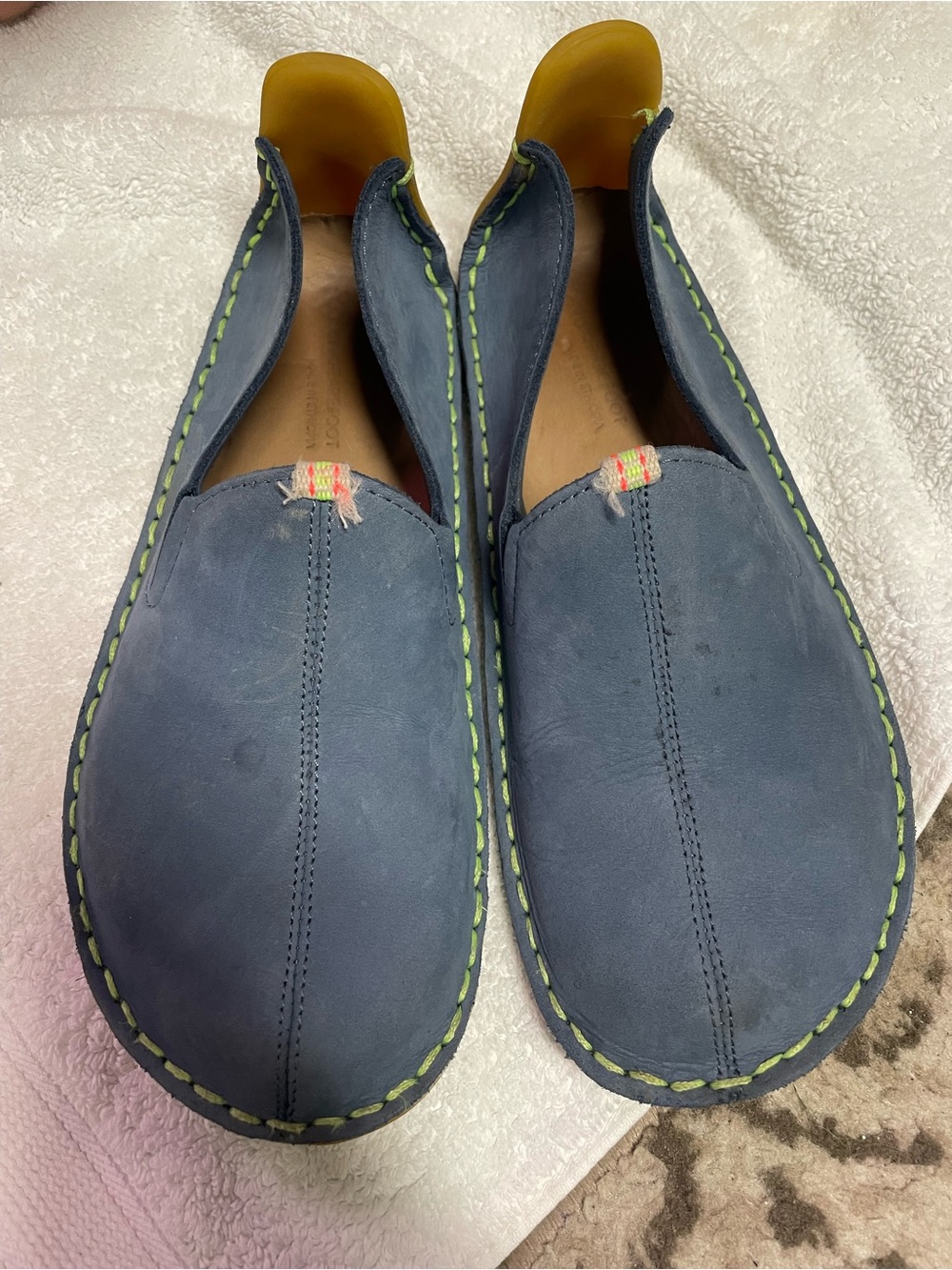 Vivo Barefoot Navy Slip-On Kids Dress Shoes with Lime Stitching